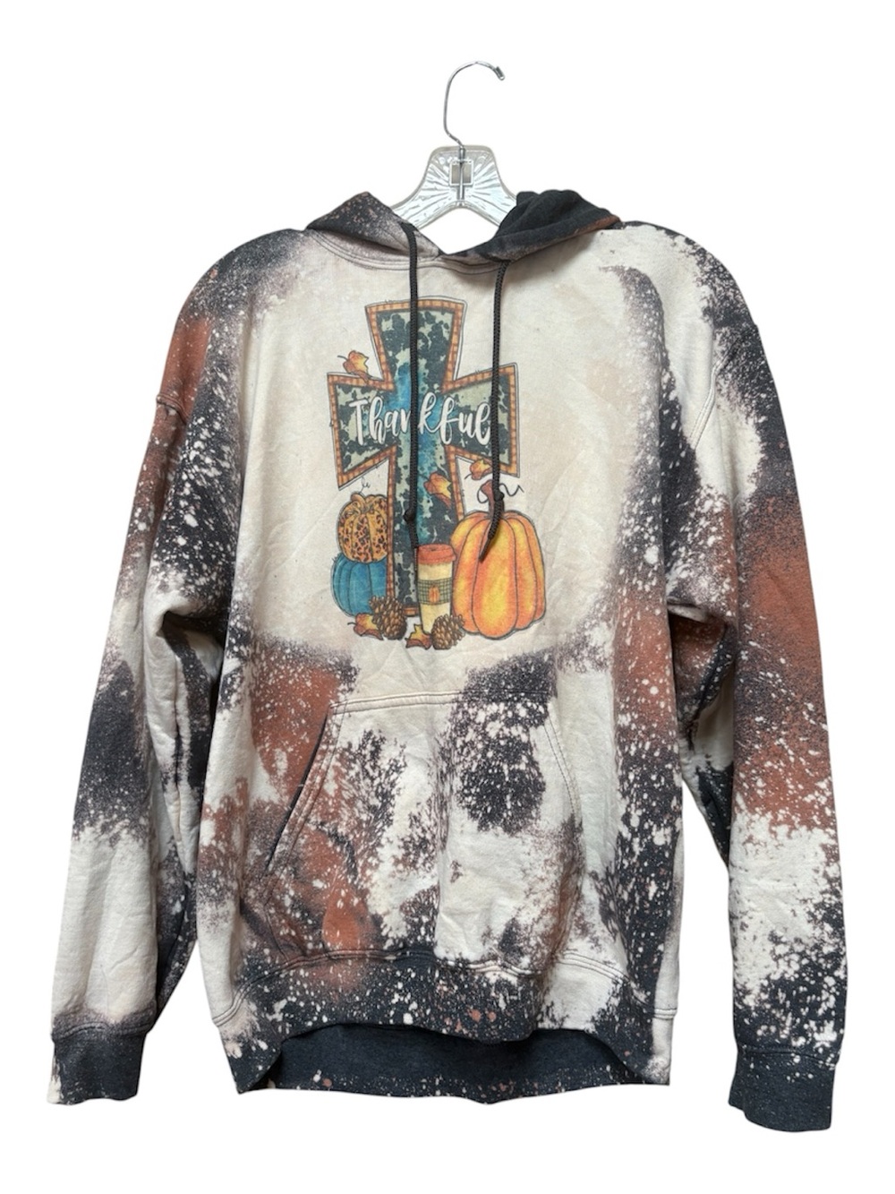 Fallcore Thankful Pumpkin Bleach Wash Hoodie M Rustic Autumn Gildan